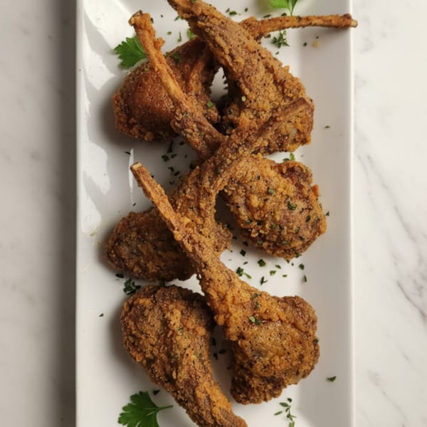 Crispy fried chicken wings, seasoned with herbs, arranged on a white rectangular plate.
