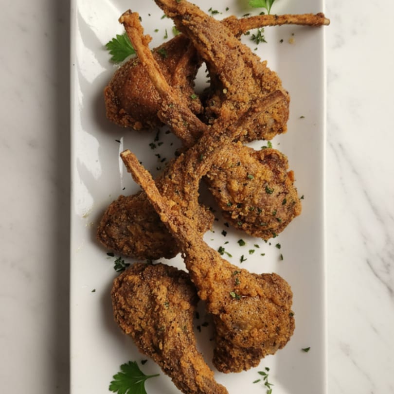 Crispy fried chicken wings, seasoned with herbs, arranged on a white rectangular plate.