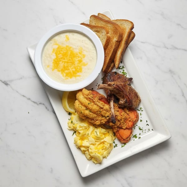 Breakfast Bunny's grits, toast, lamb chops, fried lobster, scrambled eggs, and lemon on a white plate.
