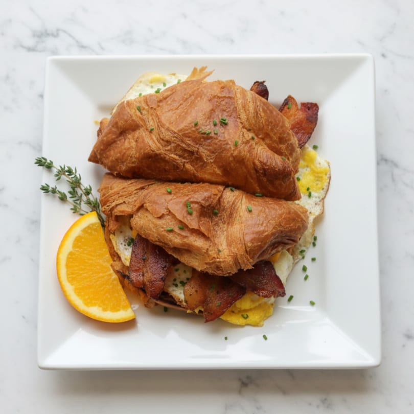 A croissant sandwich with bacon, eggs, and chives, garnished with an orange slice and thyme.