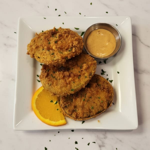 Three golden-brown fried green tomatoes with a side of creamy sauce and an orange slice.
