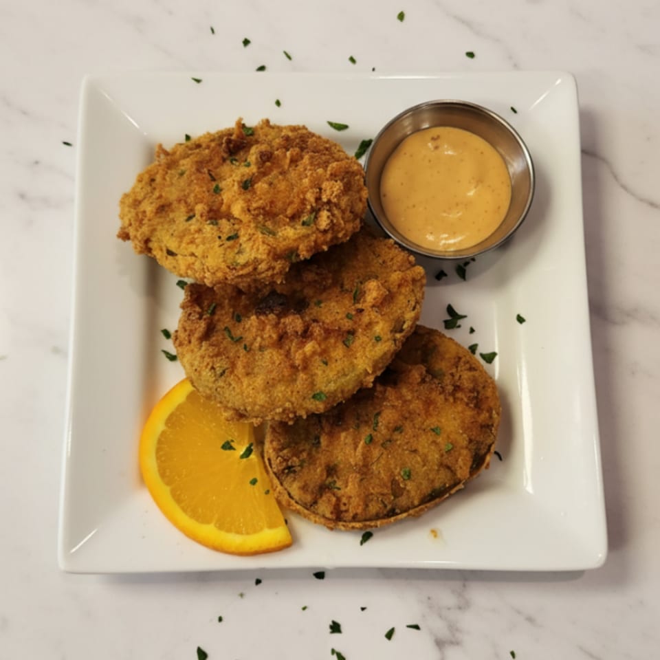 Three golden-brown fried green tomatoes with a side of creamy sauce and an orange slice.