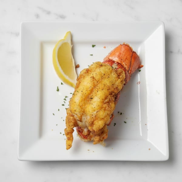 Fried lobster tail with a lemon wedge and parsley on a white square plate.