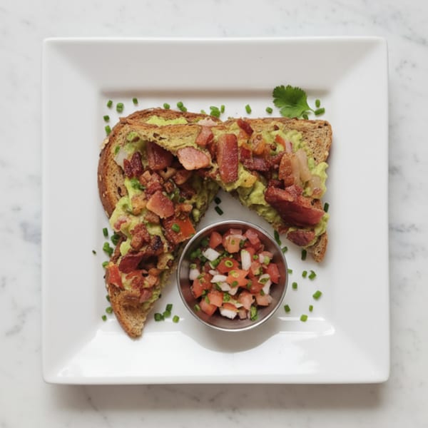 Avocado toast with bacon bits and a side of pico de gallo on a white plate.