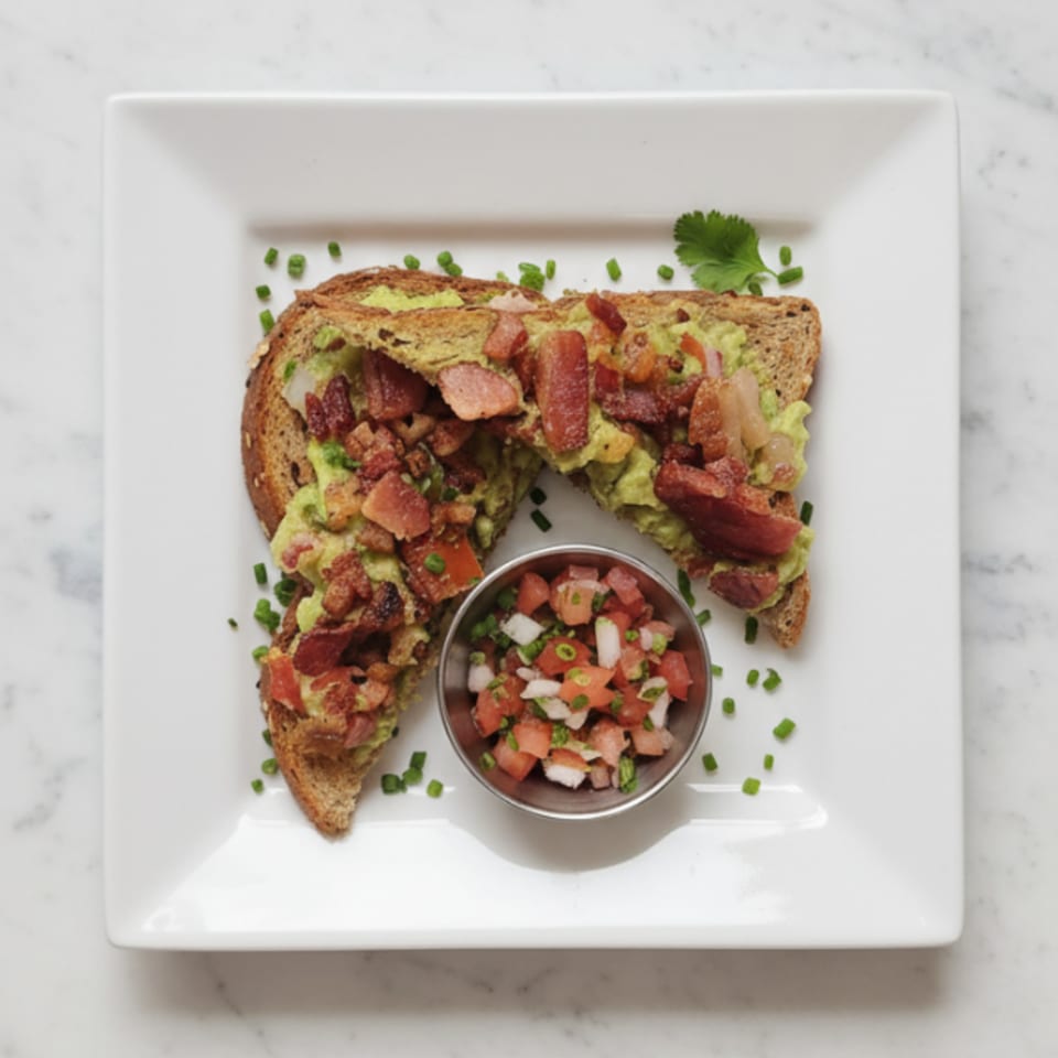 Avocado toast with bacon bits and a side of pico de gallo on a white plate.