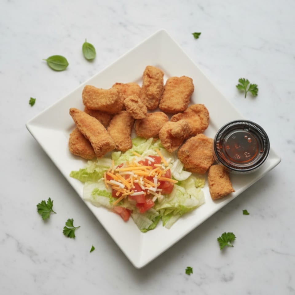 Golden-brown chicken nuggets with a side salad and dipping sauce on a white plate.