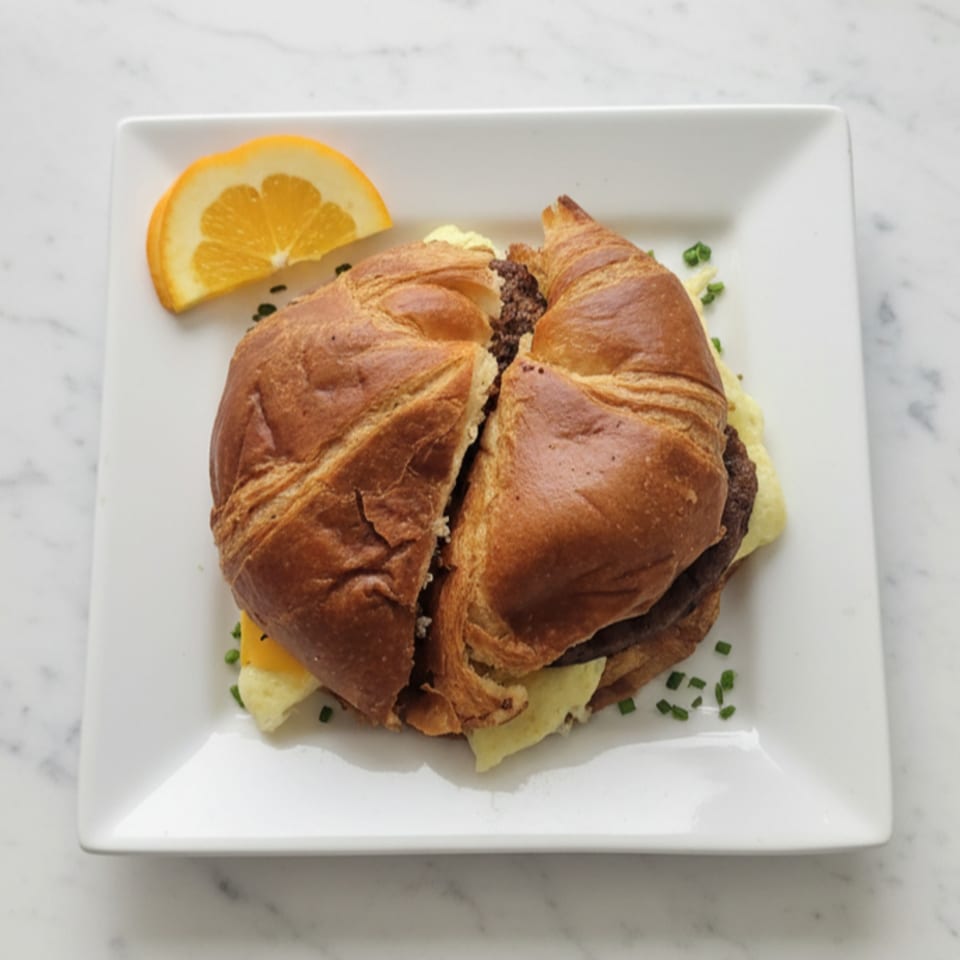 Breakfast Bunny's croissant sandwich with sausage, egg, and cheese, garnished with chives and an orange slice.