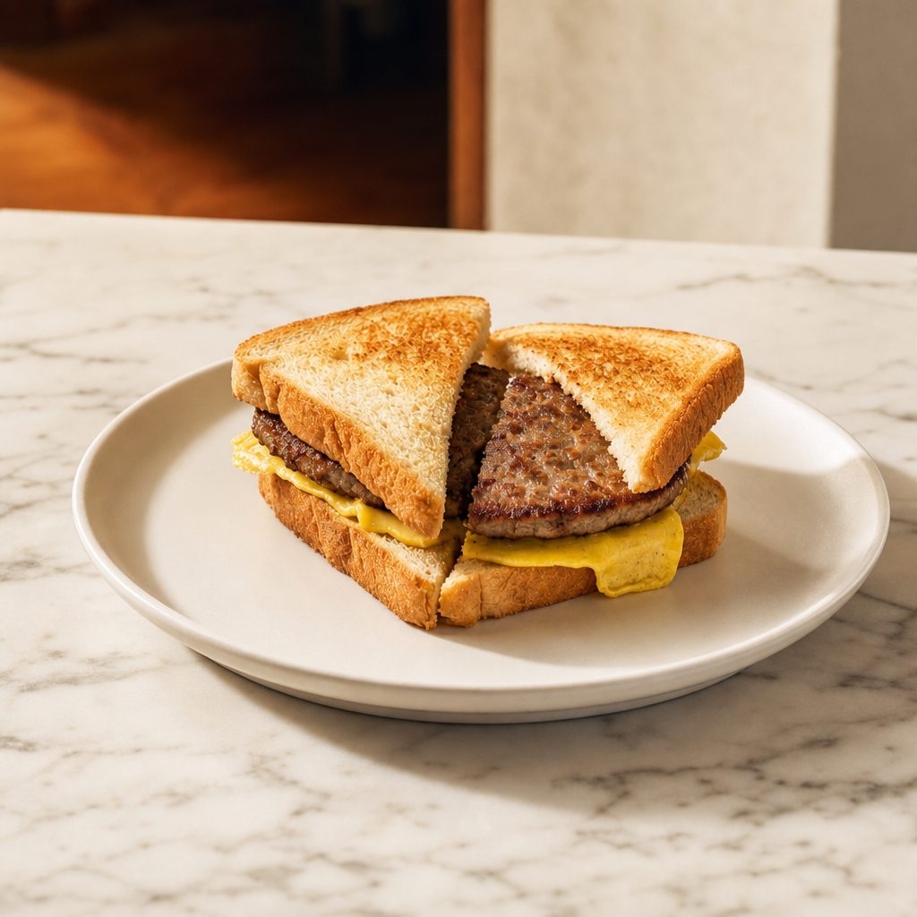 Breakfast Pork Sausage & Egg Sandwich.