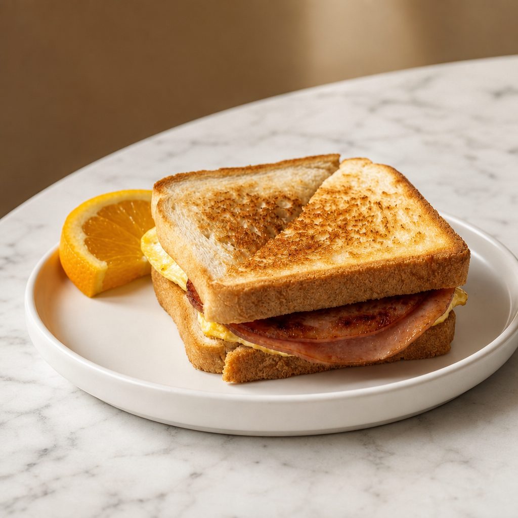 Breakfast Fried Bologna & Egg Sandwich.