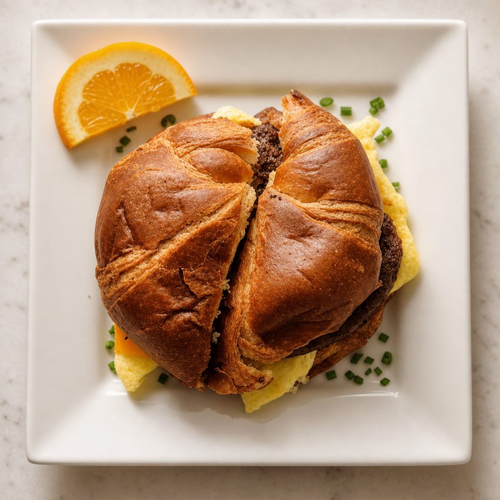 Croissant Beef Sausage & Egg Sandwich.